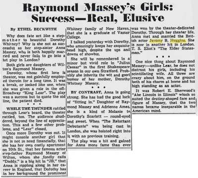 Raymond Massey‘s Girls: Success-Real, Elusive; Sunday Herald; 25 Janvier 1959