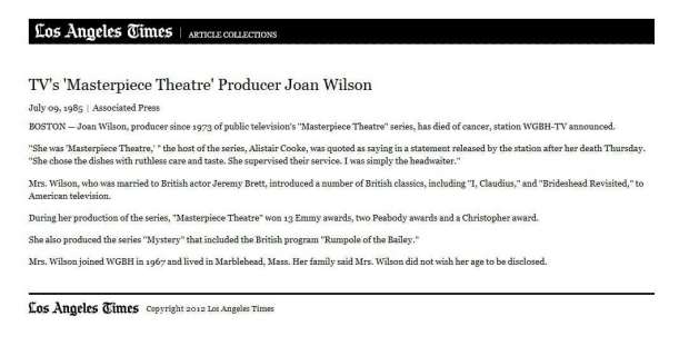 TV‘s ‘Masterpiece Theatre‘ Producer Joan Wilson; Los Angeles Times, 09 Juillet 1985