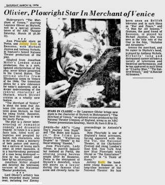 Olivier, Plowright Star In Merchant Of Venice; Schenectady Gazette; 16 Mars 1974