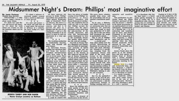 Midsummer Night‘s Dream: Phillips‘ Most Imaginative Effort; The Calgary Herald; 20 Août 1976