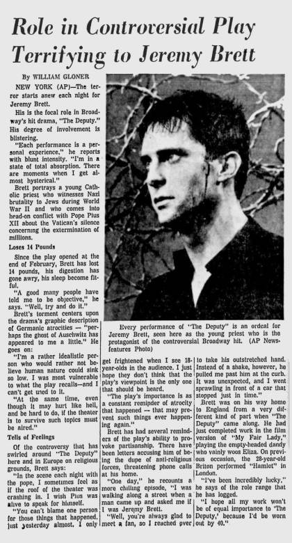 Role In Controversial Play Terrifying To Jeremy Brett; St. Joseph News-Press; 17 Mars 1964