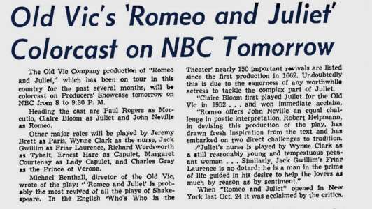 Old Vic‘s ‘Romeo And Juliet‘ Colorcast on NBC Tomorrow; Sunday Herald; 3 Mars 1957